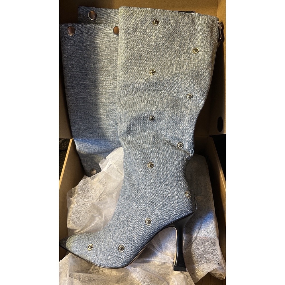 Denim Snap Embellished Knee High Stiletto Boots Light Wash Pointed Toe Size US 6